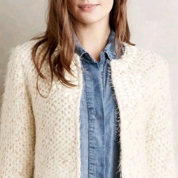 Michelle Nicole Super Soft Eyelash Wool Blend Beaded Sweater Cardigan Size Small - Picture 2 of 11
